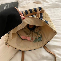 Summer Striped Straw Bag Women Woven Shoulder Handbag Rattan Beach Bag