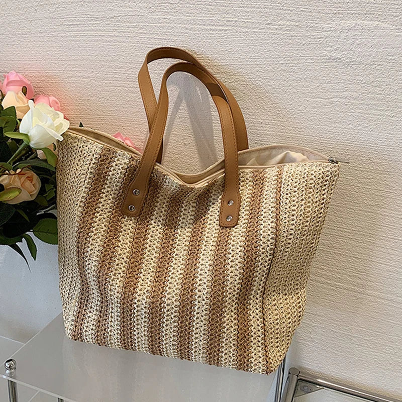 Summer Striped Straw Bag Women Woven Shoulder Handbag Rattan Beach Bag