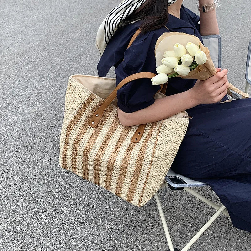 Summer Striped Straw Bag Women Woven Shoulder Handbag Rattan Beach Bag
