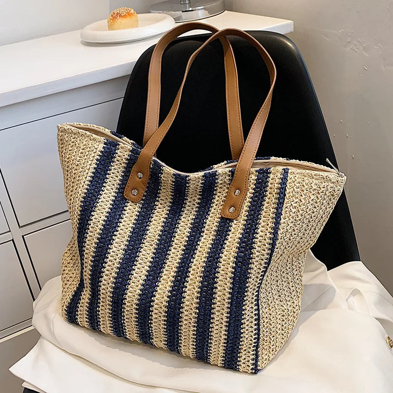 Summer Striped Straw Bag Women Woven Shoulder Handbag Rattan Beach Bag