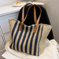 Summer Striped Straw Bag Women Woven Shoulder Handbag Rattan Beach Bag