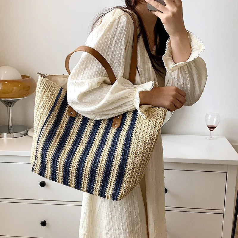 Summer Striped Straw Bag Women Woven Shoulder Handbag Rattan Beach Bag