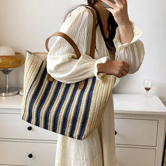 Summer Striped Straw Bag Women Woven Shoulder Handbag Rattan Beach Bag