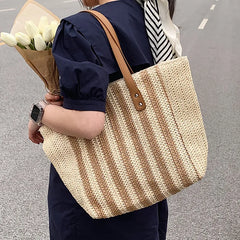 Summer Striped Straw Bag Women Woven Shoulder Handbag Rattan Beach Bag