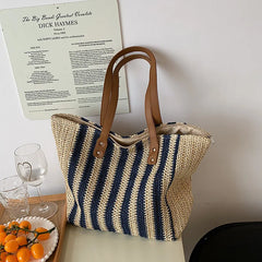 Summer Striped Straw Bag Women Woven Shoulder Handbag Rattan Beach Bag