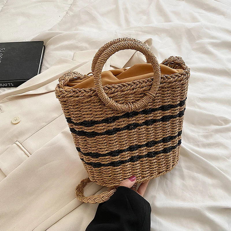 Striped Straw Woven Shoulder Bag Bohemian Bucket Crossbody Beach Handbag