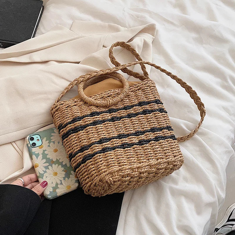 Striped Straw Woven Shoulder Bag Bohemian Bucket Crossbody Beach Handbag