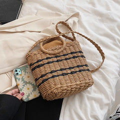 Striped Straw Woven Shoulder Bag Bohemian Bucket Crossbody Beach Handbag