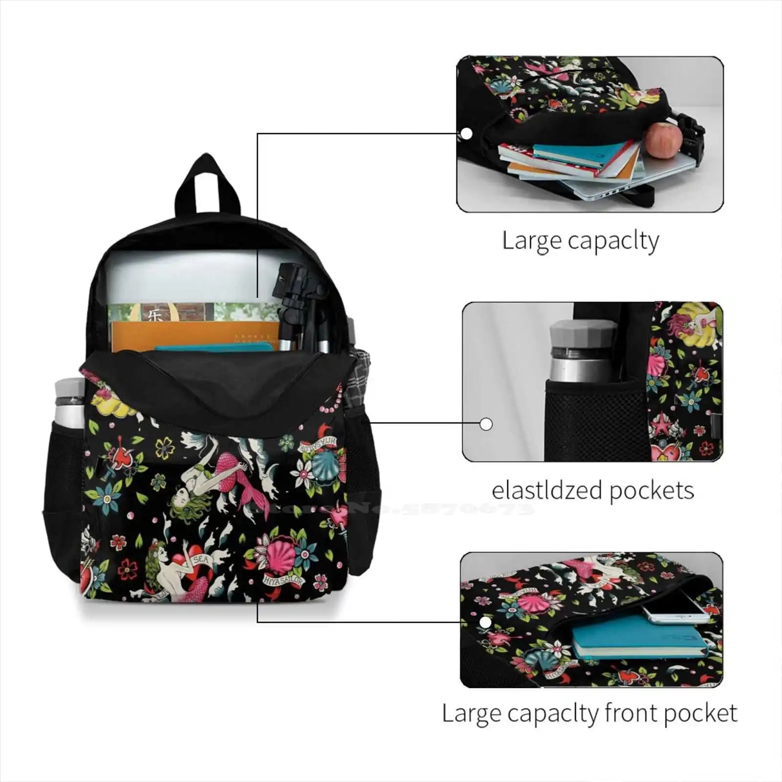 Summer Tail Black Satchel Schoolbag Mermaid Crown Flowers Shells Seaweed Waves