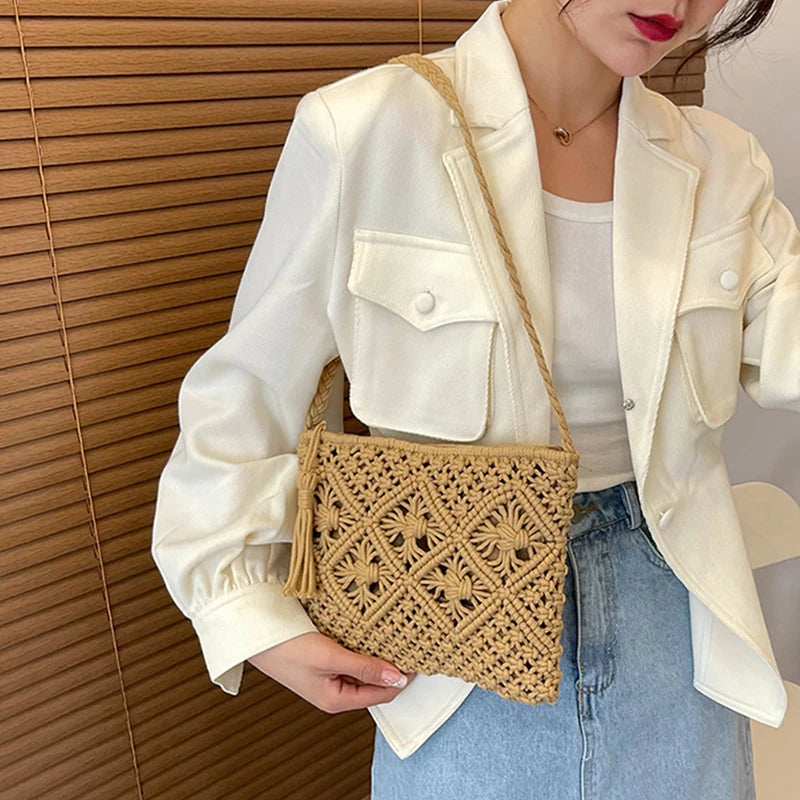 Summer Tassel Hollow Straw Bag For Women Woven Crossbody Bag