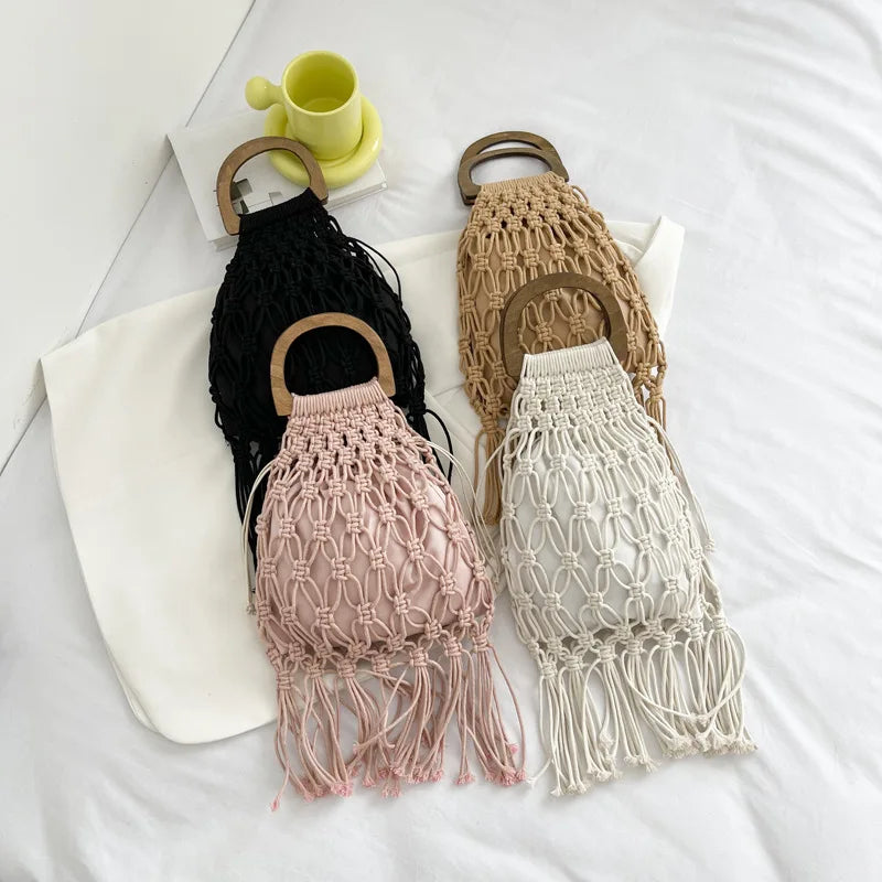 Summer Tassel Mesh Shoulder Bag for Women Soft Hollow Woven Beach Travel Handbag
