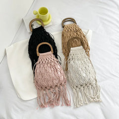 Summer Tassel Mesh Shoulder Bag for Women Soft Hollow Woven Beach Travel Handbag
