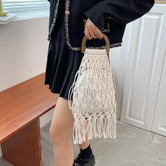 Summer Tassel Mesh Shoulder Bag for Women Soft Hollow Woven Beach Travel Handbag