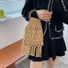 Summer Tassel Mesh Shoulder Bag for Women Soft Hollow Woven Beach Travel Handbag