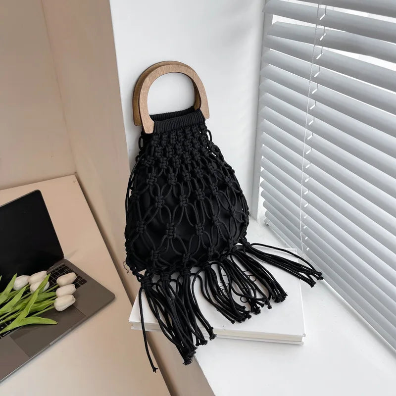 Summer Tassel Mesh Shoulder Bag for Women Soft Hollow Woven Beach Travel Handbag
