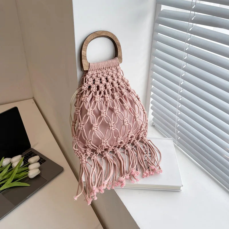 Summer Tassel Mesh Shoulder Bag for Women Soft Hollow Woven Beach Travel Handbag