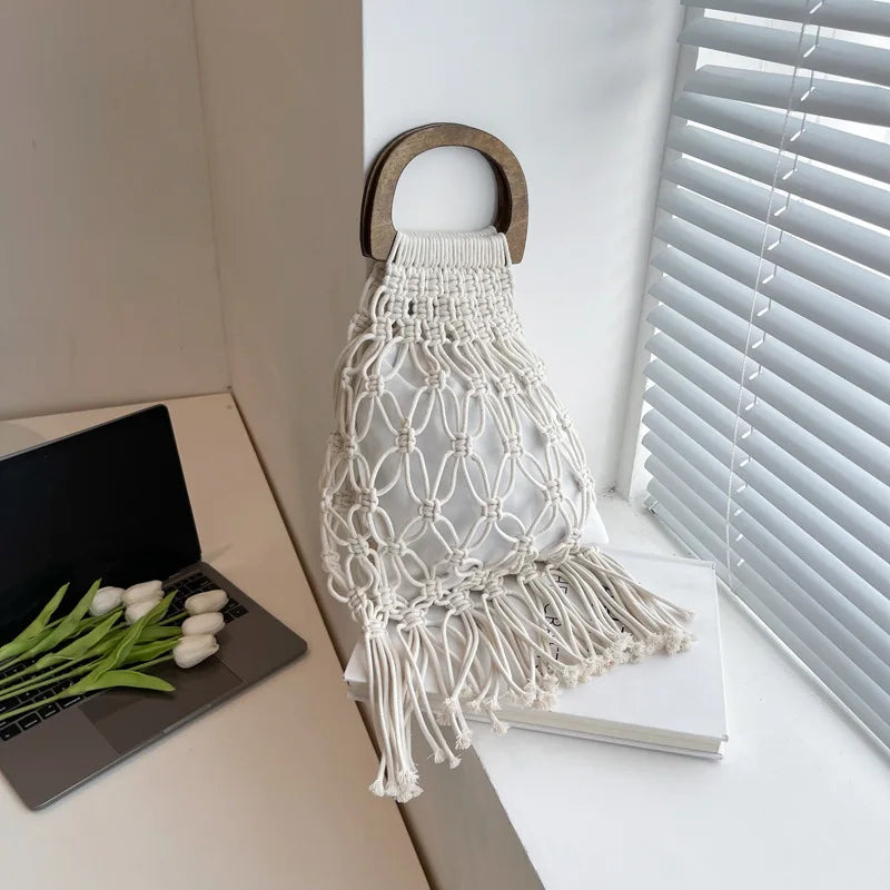 Summer Tassel Mesh Shoulder Bag for Women Soft Hollow Woven Beach Travel Handbag