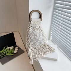 Summer Tassel Mesh Shoulder Bag for Women Soft Hollow Woven Beach Travel Handbag