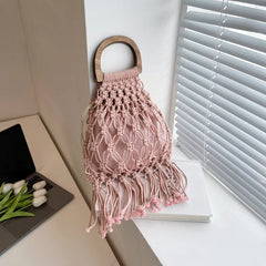 Summer Tassel Mesh Shoulder Bag for Women Soft Hollow Woven Beach Travel Handbag