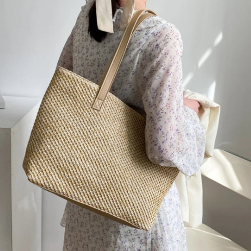 Summer Straw Bags Hit Handbags for Women Zipper Matching Tote Bag