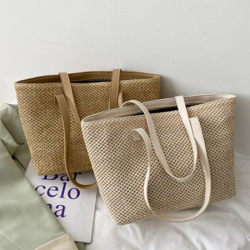 Summer Straw Bags Hit Handbags for Women Zipper Matching Tote Bag