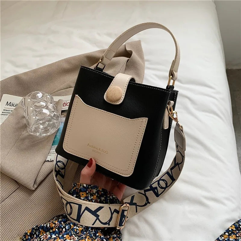 Women's PU Leather Shoulder Bucket Bags Small Handbags Wide Strap Crossbody Bags
