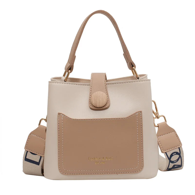 Women's PU Leather Shoulder Bucket Bags Small Handbags Wide Strap Crossbody Bags
