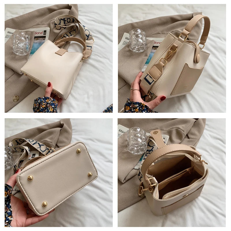Women's PU Leather Shoulder Bucket Bags Small Handbags Wide Strap Crossbody Bags