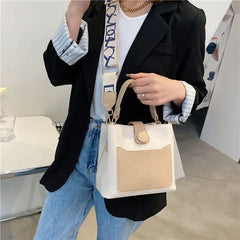 Women's PU Leather Shoulder Bucket Bags Small Handbags Wide Strap Crossbody Bags