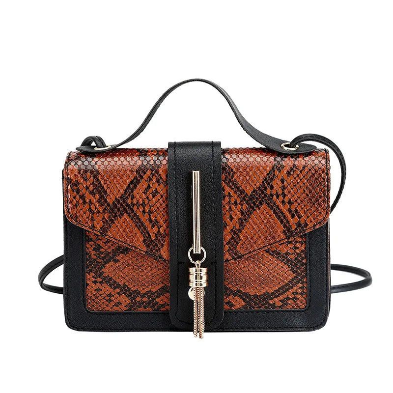Summer Tassel Small Square Bag Snake Pattern Shoulder Messenger Crossbody Bag