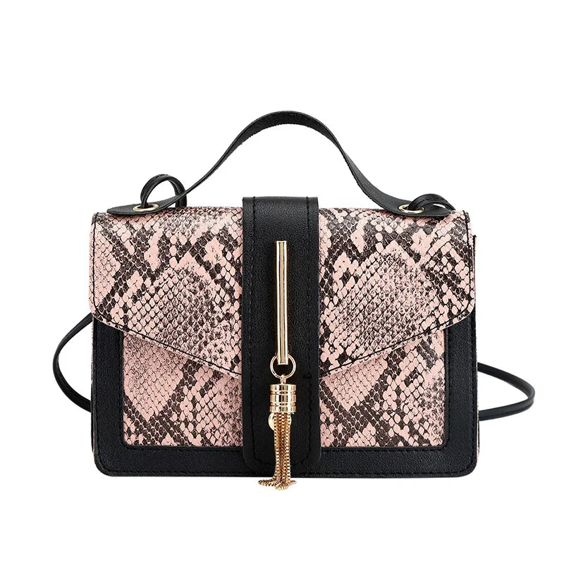 Summer Tassel Small Square Bag Snake Pattern Shoulder Messenger Crossbody Bag
