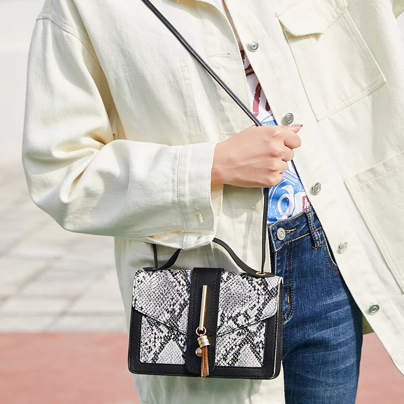 Summer Tassel Small Square Bag Snake Pattern Shoulder Messenger Crossbody Bag