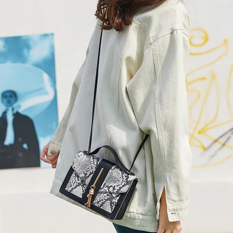 Summer Tassel Small Square Bag Snake Pattern Shoulder Messenger Crossbody Bag