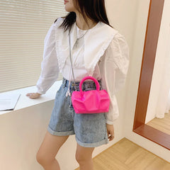 Women Neon Green Retro Pleated Shoulder Messenger Bag Pink