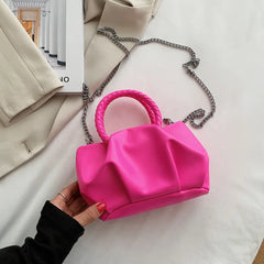 Women Neon Green Retro Pleated Shoulder Messenger Bag Pink