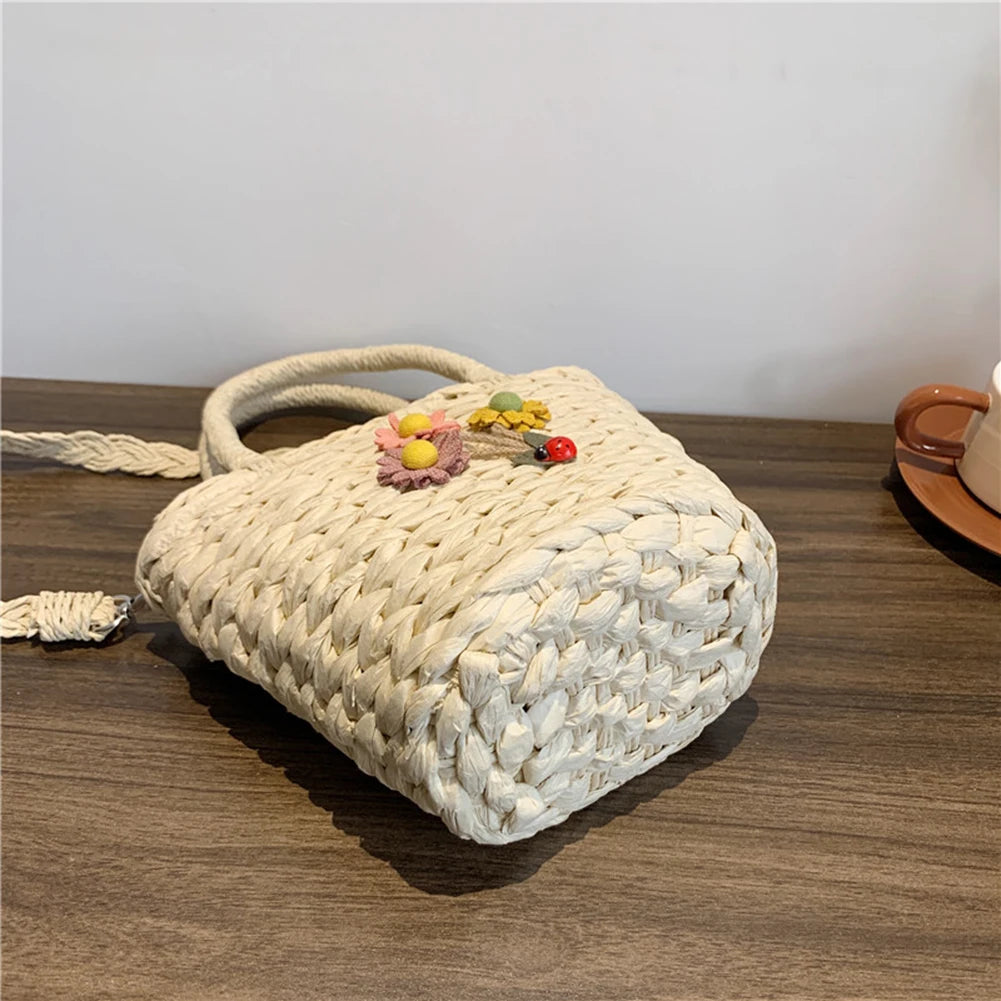 Summer Women Handbags Woven Ladies Tote Bags Casual Flower Portable Basket