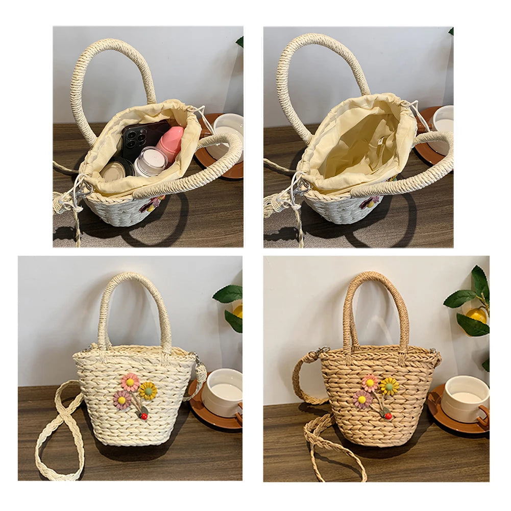 Summer Women Handbags Woven Ladies Tote Bags Casual Flower Portable Basket