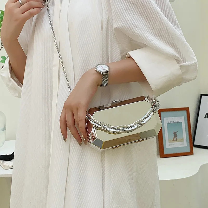Summer Women Metal Alloy Handbags Female Chains Box Shape Shoulder Crossbody