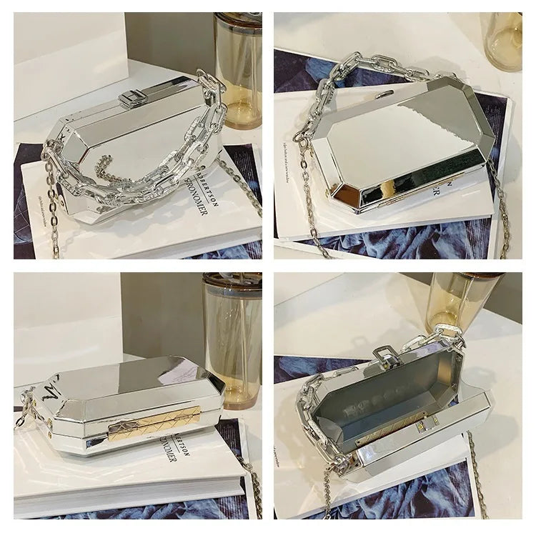 Summer Women Metal Alloy Handbags Female Chains Box Shape Shoulder Crossbody