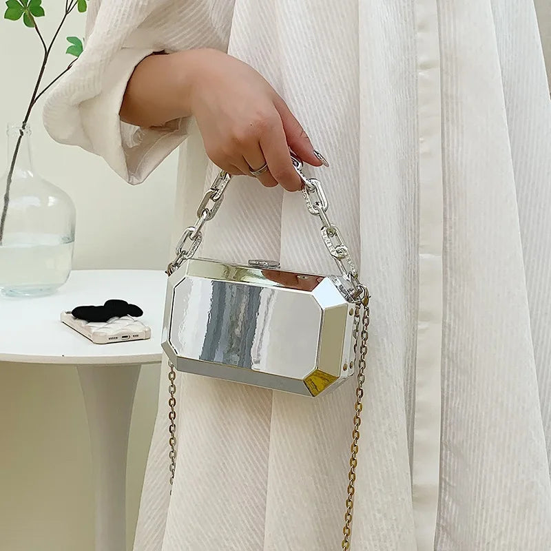 Summer Women Metal Alloy Handbags Female Chains Box Shape Shoulder Crossbody