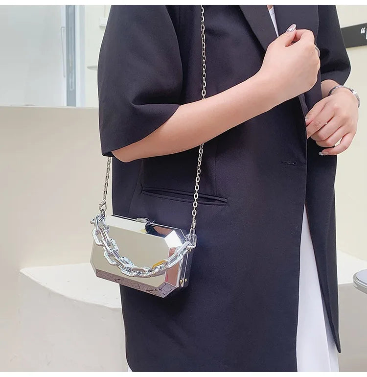 Summer Women Metal Alloy Handbags Female Chains Box Shape Shoulder Crossbody