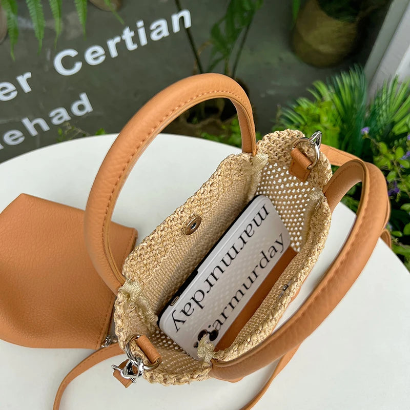 Summer Women Straw Basket Shoulder Bag Hand-woven Bucket Messenger Bags
