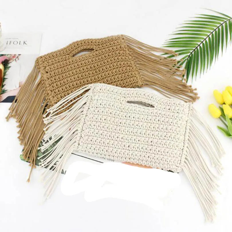 Summer Straw Handbag Women Knitting Tassel Tote Clutch Bohemian Beach Woven Bag