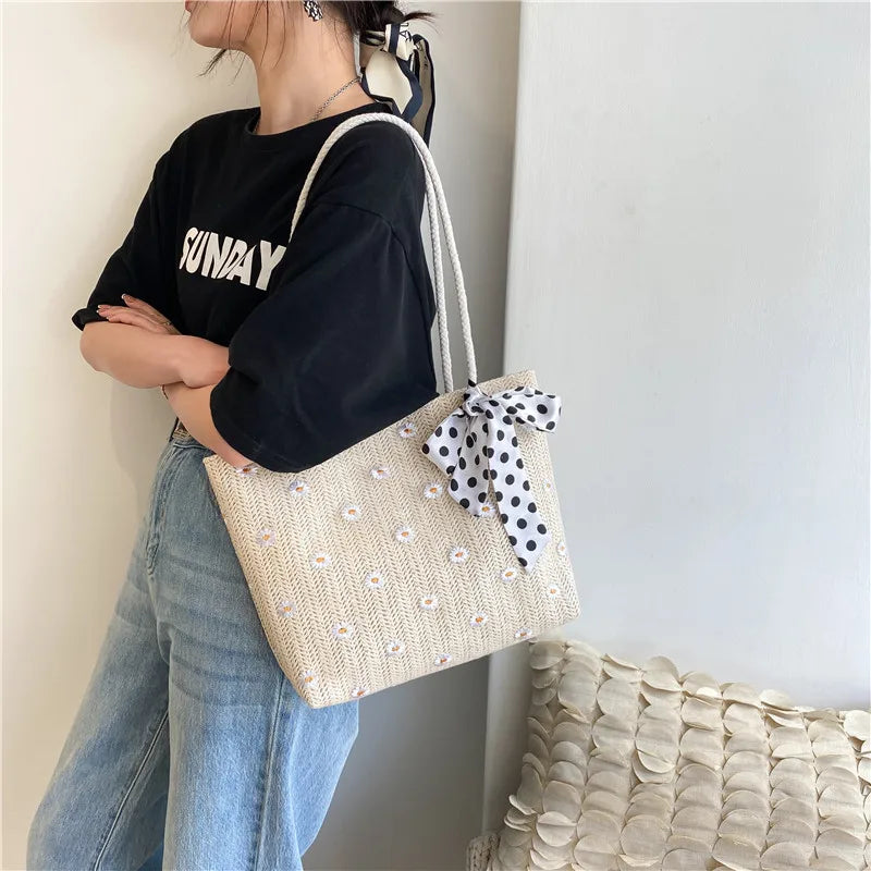 Straw Woven Shoulder Bag Flower Lace Ribbon Beach Handbags