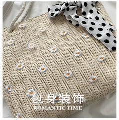 Straw Woven Shoulder Bag Flower Lace Ribbon Beach Handbags