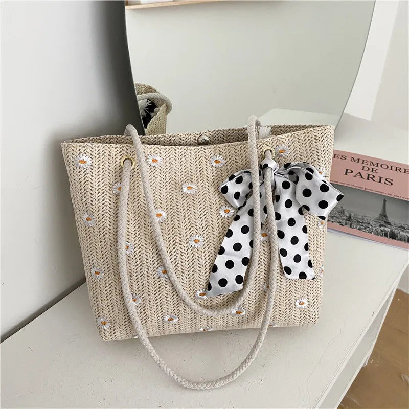 Straw Woven Shoulder Bag Flower Lace Ribbon Beach Handbags
