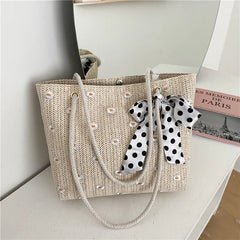 Straw Woven Shoulder Bag Flower Lace Ribbon Beach Handbags