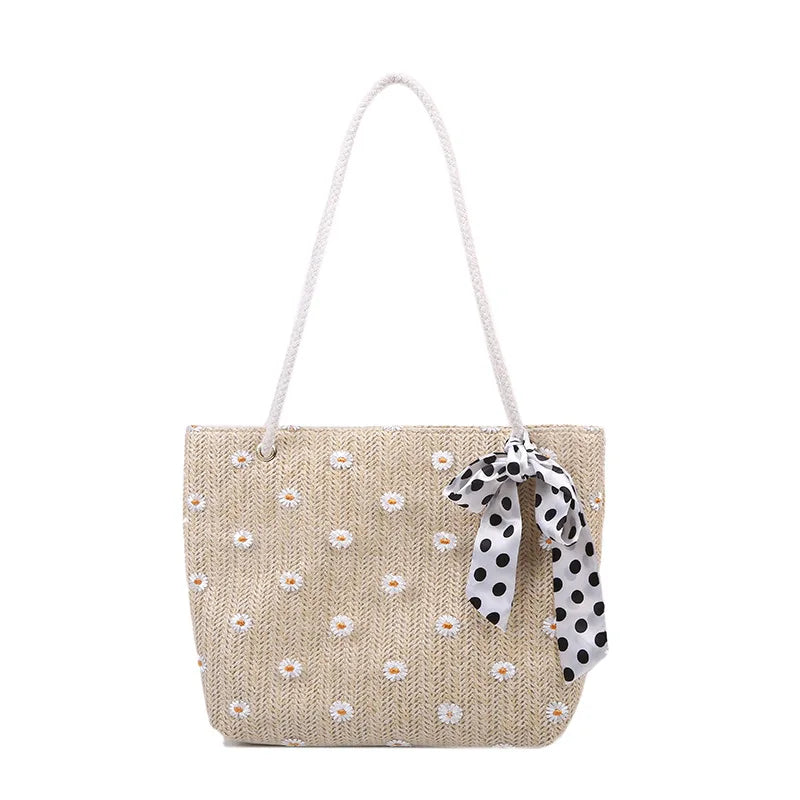 Straw Woven Shoulder Bag Flower Lace Ribbon Beach Handbags