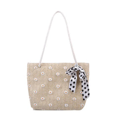 Straw Woven Shoulder Bag Flower Lace Ribbon Beach Handbags