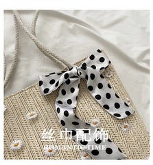 Straw Woven Shoulder Bag Flower Lace Ribbon Beach Handbags